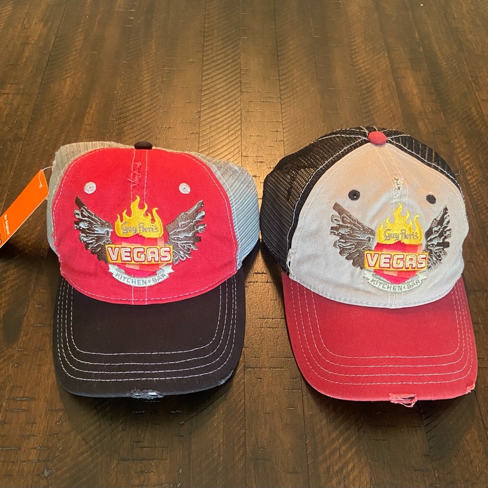 Two Red, Black & Gray Guy Fieri's Vegas Kitchen + Bar Trucker Hats. NWT